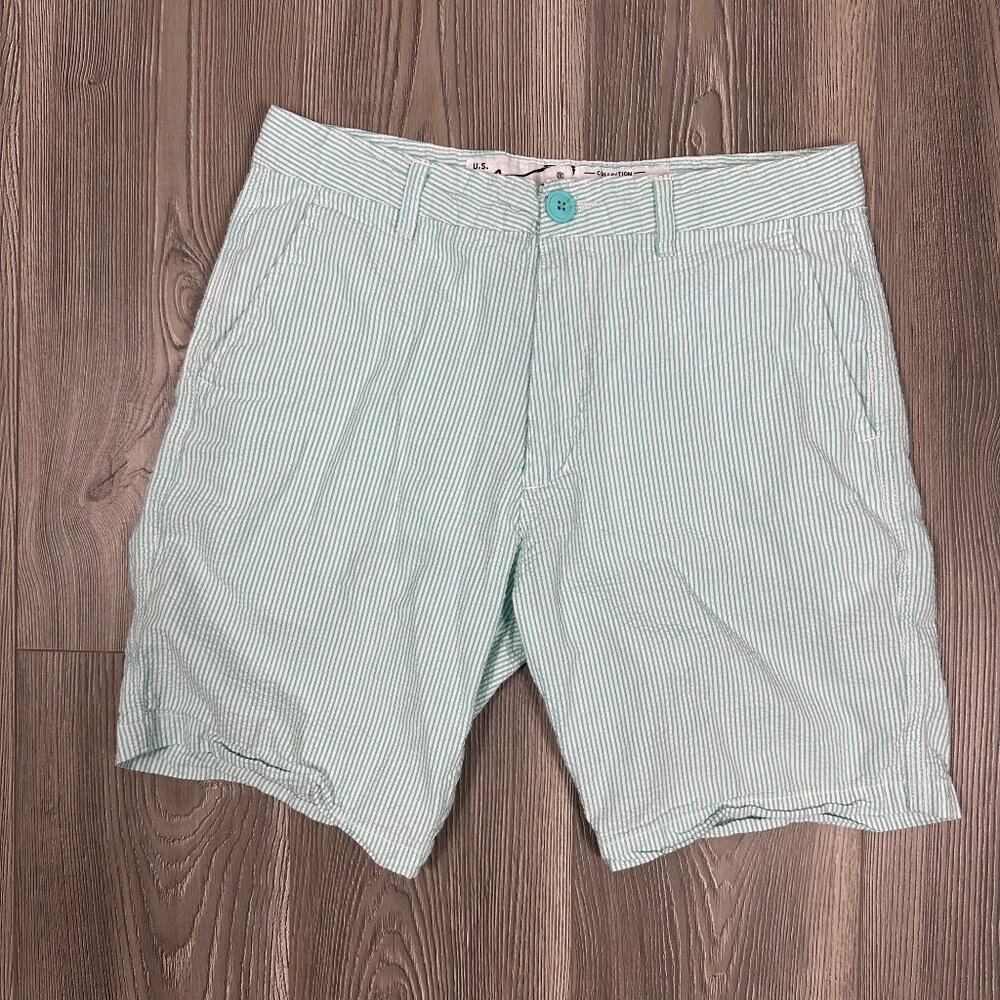 US Vintage by Exist Men’s Aqua White Seersucker Shorts Size‎ S Summer Preppy